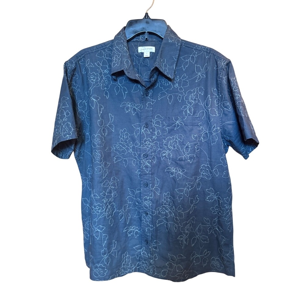 Sun + Stone Men's Navy Short-Sleeve Button-Down Floral Outline Boho Tropical